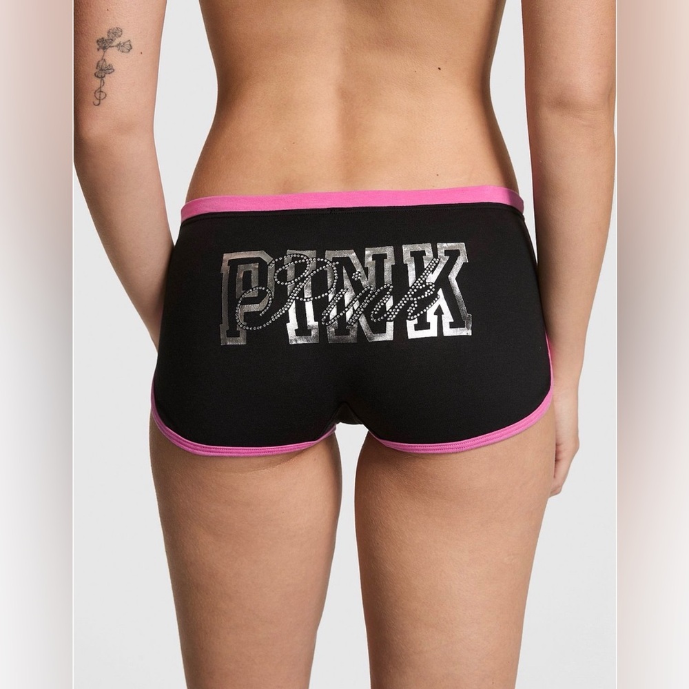 VICTORIA’S SECRET VS PINK COTTON DORM SHORT PANTY BLACK BUTT HIT BLING LOGO NWT